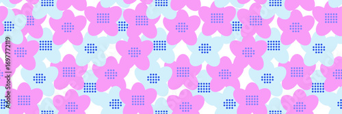 Seamless vector pattern with abstract five petal flowers in pastel pink and blue tones, decorated with dotted centers. Modern, playful floral design for textiles and decor, ornament