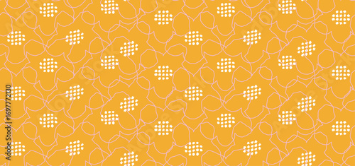 Seamless vector floral pattern with abstract white dotted centers and soft pink line flowers on a bright mustard yellow background. Modern minimal design for fabric, gift wrap, wallpaper