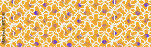 Seamless vector floral pattern with mustard yellow background, abstract white organic shapes, and dotted purple blossoms. Modern decorative design for fabric and wallpaper