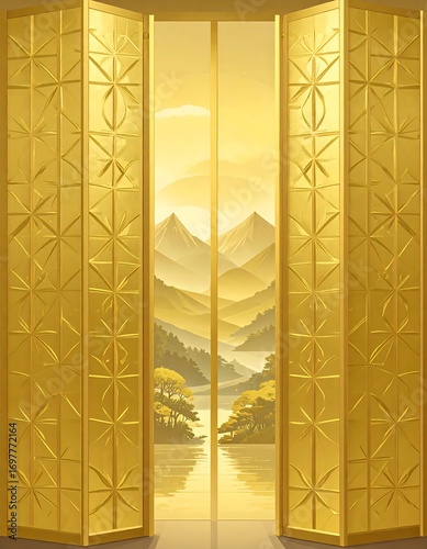 Golden doors to a serene landscape