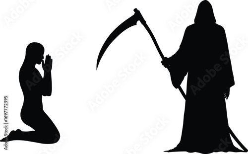 Silhouette of Woman Kneeling and Praying Before Grim Reaper Holding Scythe – Spiritual Confrontation with Death