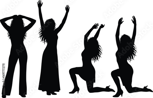 Silhouette of Women in Various Dance and Worship Poses with Long Hair and Dresses on White Background for Creative Projects