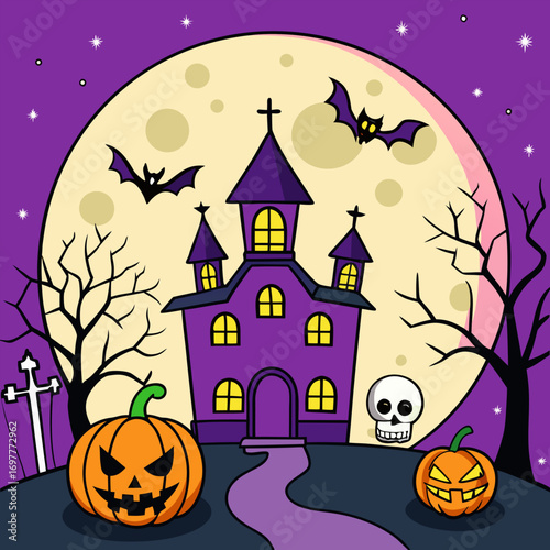 "Spooky Halloween Vector Background with Haunted House, Pumpkins, and Full Moon"