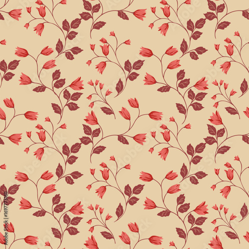 Seamless vector floral pattern with red blossoms and maroon leaves on a beige background. Elegant botanical design for fabric, wallpaper, packaging, and stationer