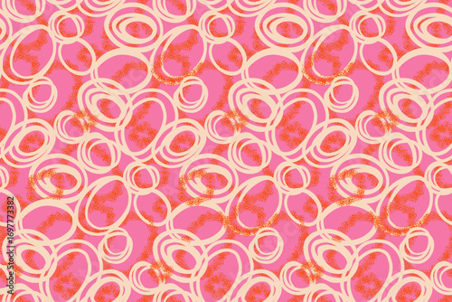 Seamless abstract vector pattern with overlapping cream circles and textured red accents on a vibrant pink background. Modern, playful design for fabric, wrapping, and decor
