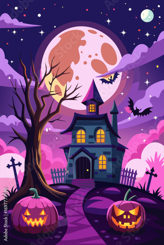 "Spooky Halloween Vector Background with Haunted House, Pumpkins, and Full Moon"