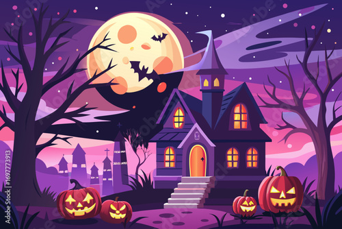 "Spooky Halloween Vector Background with Haunted House, Pumpkins, and Full Moon"