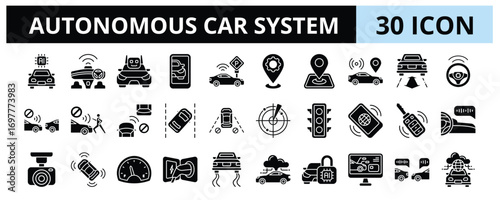 30 Autonomous Car System Glyph Icons Vector - Artificial Intelligence Car, GPS, Steering Assistant, Pedestrian Detection, Range Radar, Remote Access, Car IT Security