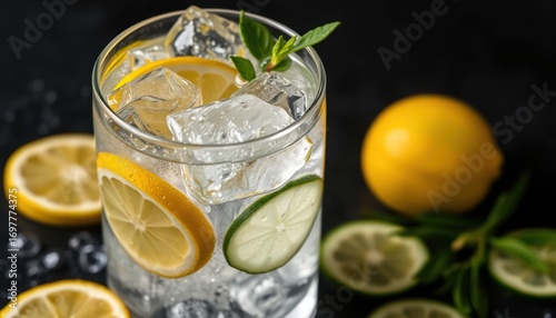 refreshing lemon cucumber water with ice and herbs