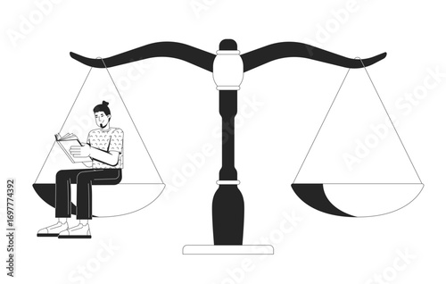 Man sitting on justice scale and reading law book line illustration concept. Knowledge, education in legal learning. Student lawyer outline 2D character isolated. Ink linear metaphor vector art