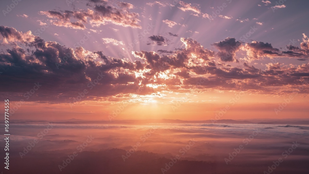 Fototapeta premium Sunrise over misty landscape with rays of sunlight breaking through scattered clouds creating warm orange and purple hues in the early morning sky above hills