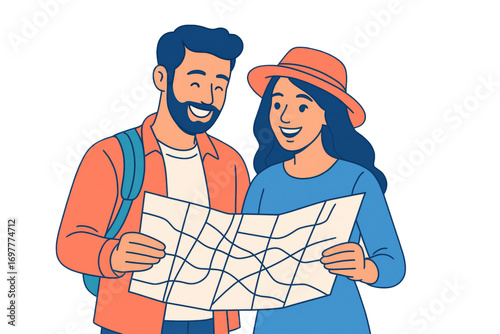 Smiling couple holding a paper map, flat illustration style, isolated on white background, concept of travel planning. Ai generative