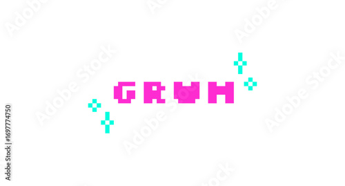GRWM abbreviation pink pixel art social media slang word. Get ready with me lingo. Influencer beauty, fashion routine. Retro video game 8 bit typography with kawaii sparkles. Silkscreen font used