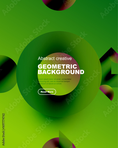 Bright green backdrop features overlapping colorful geometric shapes. Text promotes design, includes read more button. Modern, vibrant composition.
