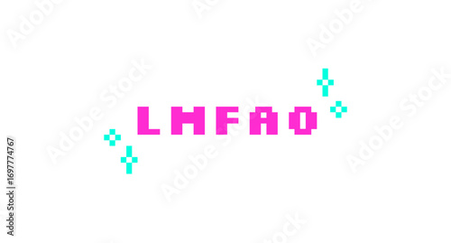 LMFAO pink pixel art social media slang word. Messaging abbreviation. Hilarious funny reaction in gen z conversation. Retro video game 8 bit typography with kawaii sparkles. Silkscreen font used