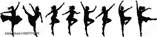 Silhouette sequence of ballet dancer performing elegant high leg kicks and dance poses, graceful movement, artistic expression, classical ballet.