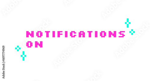 Notifications on pink pixel art social media button word. User reminder. Asking subscribers to turn on alerts. Retro video game 8 bit typography with kawaii sparkles. Silkscreen font used