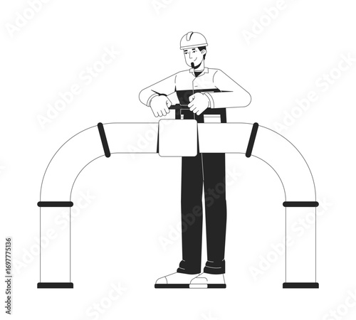 Oil industry worker handling pipeline valve outline illustration. Energy infrastructure. Industrial engineer gas flow control 2D line character isolated on white. Monochrome vector ink linear image
