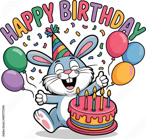 Joyful bunny celebrates birthday with cake and balloons