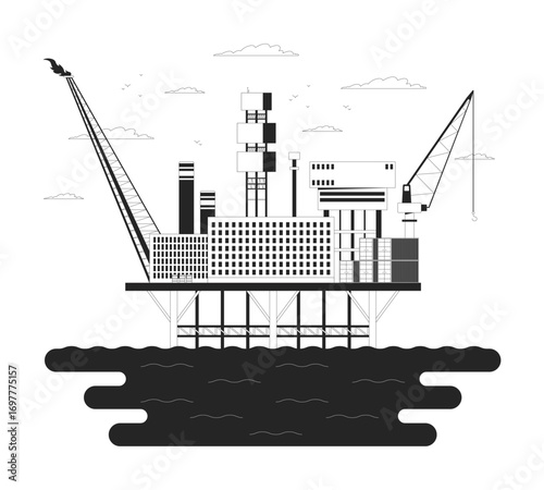 Offshore oil rig platform in ocean outline illustration. Energy production infrastructure. Marine facility. Oilfield, gas extraction 2D line scene isolated on white. Monochrome vector ink linear image