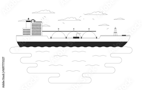 Oil tanker ship transporting petroleum by sea outline illustration. Maritime transport shipping. Ocean freight. Energy logistics 2D line scene isolated on white. Monochrome vector ink linear image