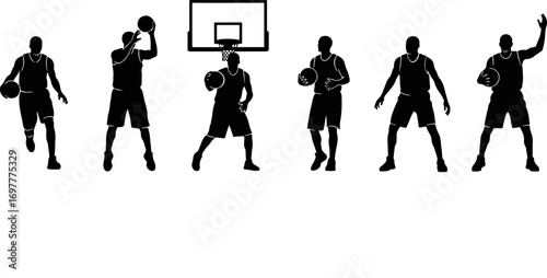 Silhouetted basketball players performing various actions on a court during a game, showcasing athleticism and teamwork in a competitive atmosphere.