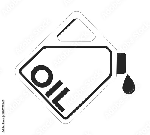 Tilted oil canister with drop outline illustration. Automotive product. Gallon gasoline. Petroleum container droplet. Fuel storage 2D line object isolated on white. Monochrome vector ink linear image
