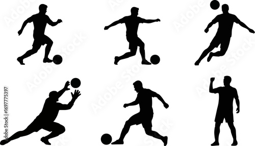 Silhouetted soccer players kicking and catching ball on white backdrop showcasing athleticism and teamwork in dynamic poses.