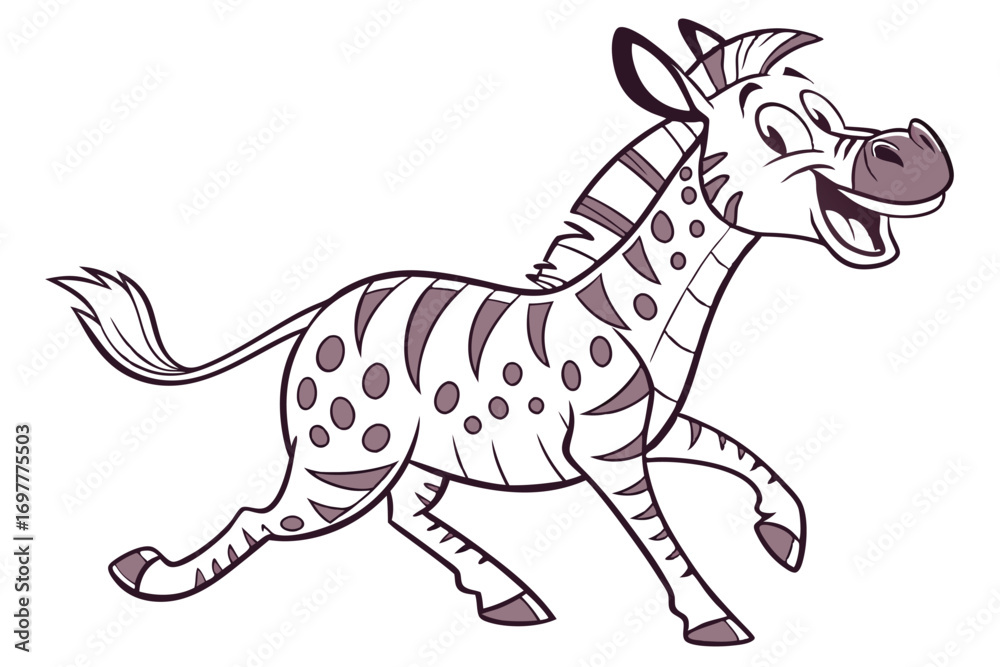 Fototapeta premium Cartoon Zebra Running on White Background, Cheerful, Outline, Animal Character