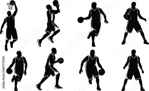 Silhouette set of basketball players in action, dribbling, dunking, and shooting, vector sports illustration for fitness and competition.