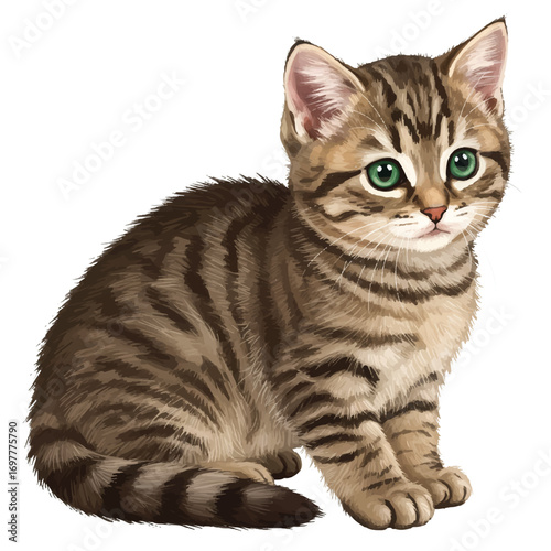 A cute tabby kitten, depicted as a realistic 2D vector illustration, stands gently on a plain white background, ready to capture hearts with its innocent charm.