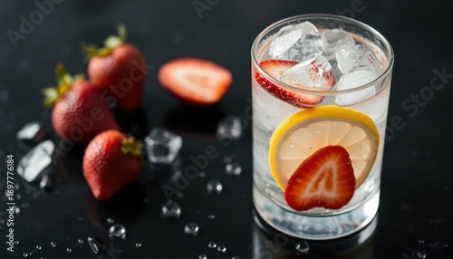 Wallpaper Mural Refreshing strawberry and lemon infused drink with ice on dark background Torontodigital.ca