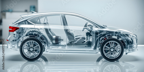 Transparent car model showing internal mechanics and hybrid engine technology. Engineers focus on fuel-efficient design and advanced automotive systems. Clean energy vehicle development.