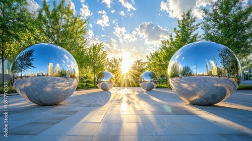 Sunburst reflecting on four chrome spheres in a park.