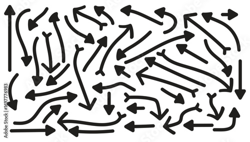 Black line art arrows vector set, Hand drawn black arrows pointing in various directions, Vector arrow set, Arrow shapes vector black and white, Collection of arrow direction on white background