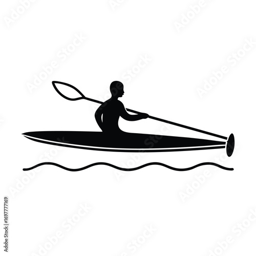 Black silhouette of a person kayaking on water with a simple design