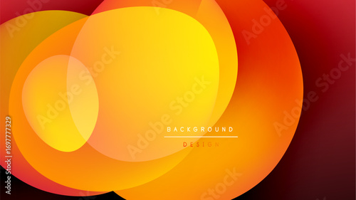Abstract vibrant circles overlap, creating warm color gradients. Background is black, design features yellow, orange, red hues.