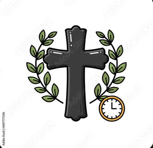Cross with leaves wreath and clock icon