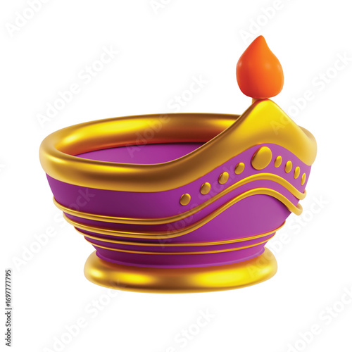 Elegant 3D rendering of a purple and gold Diya oil lamp with a lit flame, symbolizing the Hindu festival of lights, Diwali