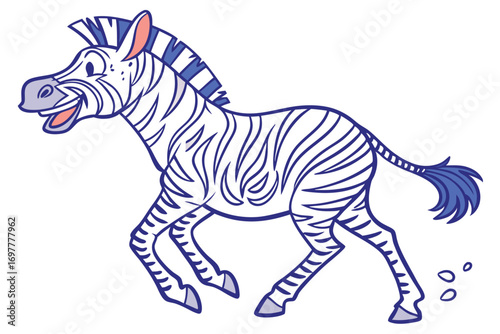 Cartoon Zebra Running Wild with Joyful Expression on White Background