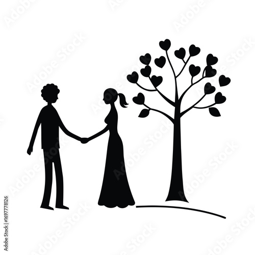 Romantic couple holding hands under a serene tree illustration for love and relationships