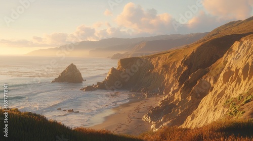 Golden sunset over dramatic coastal cliffs and ocean waves on a secluded beach.
