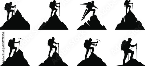 Silhouette vector of mountain climbers with backpacks and hiking poles, depicting adventure, exploration, hiking, trekking, and outdoor activities.