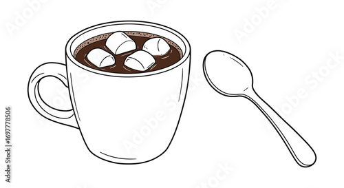 a cozy cup of hot chocolate with marshmallows beside a spoon