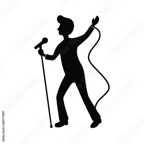 Black silhouette of a singer holding a microphone on stage