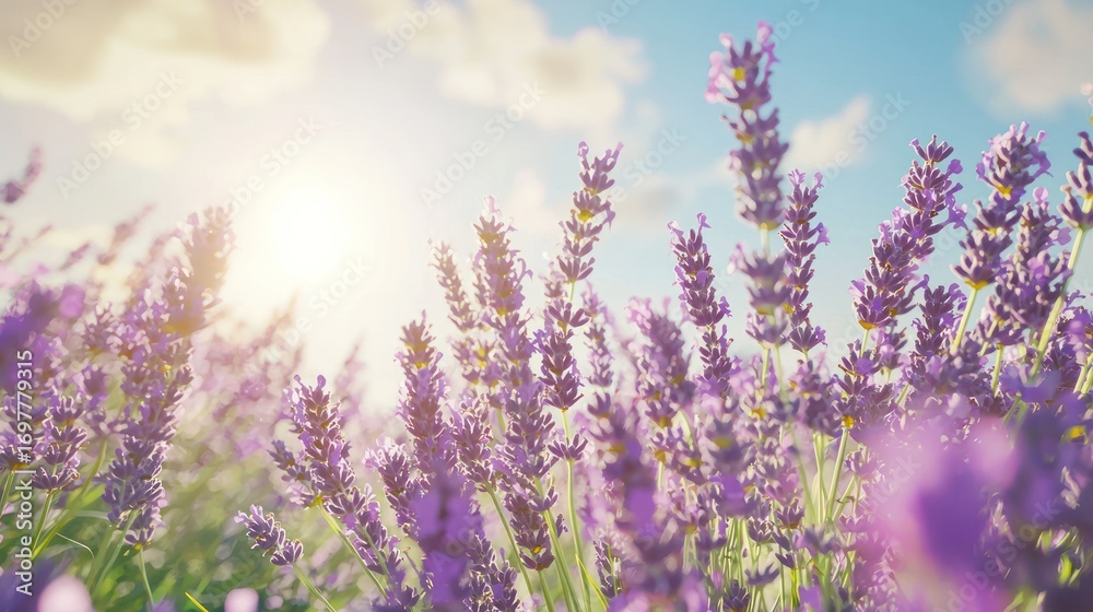 Naklejka premium Sunlit lavender field at sunset.