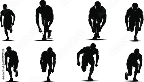 Silhouette vector set of male sprinters running toward viewer, illustrating speed, race, motion, athletic power, fitness, and sports intensity.