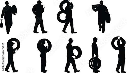 Silhouette Vector Set of Mechanics Carrying Car Tires and Tools – Auto Repair Workers Walking, Garage Maintenance and Service Icons