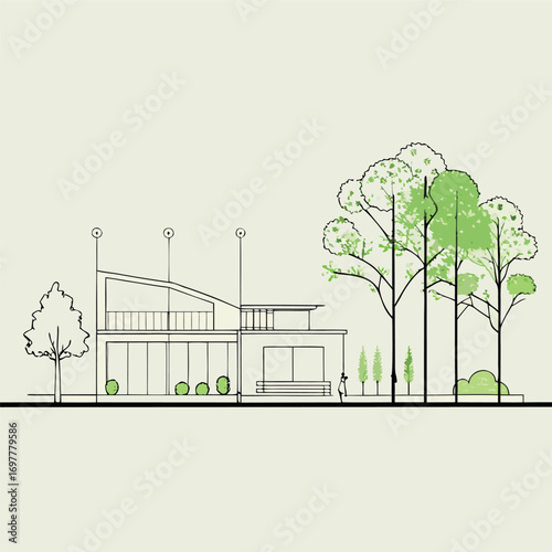 Architectural Drawings, Minimal style cad tree line drawing, Side view, set of section wetland forest outline for landscape design drawing. Vector illustration in seperate element