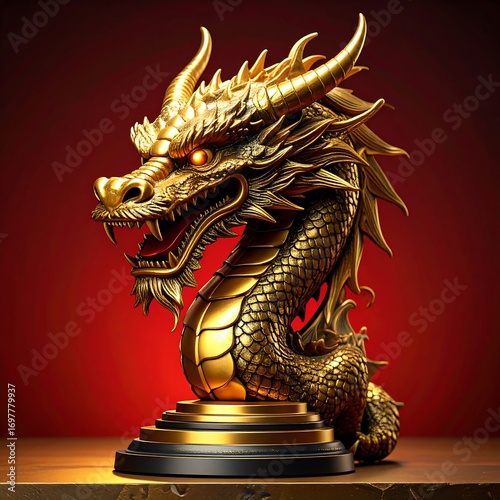 Golden dragon head statue on pedestal